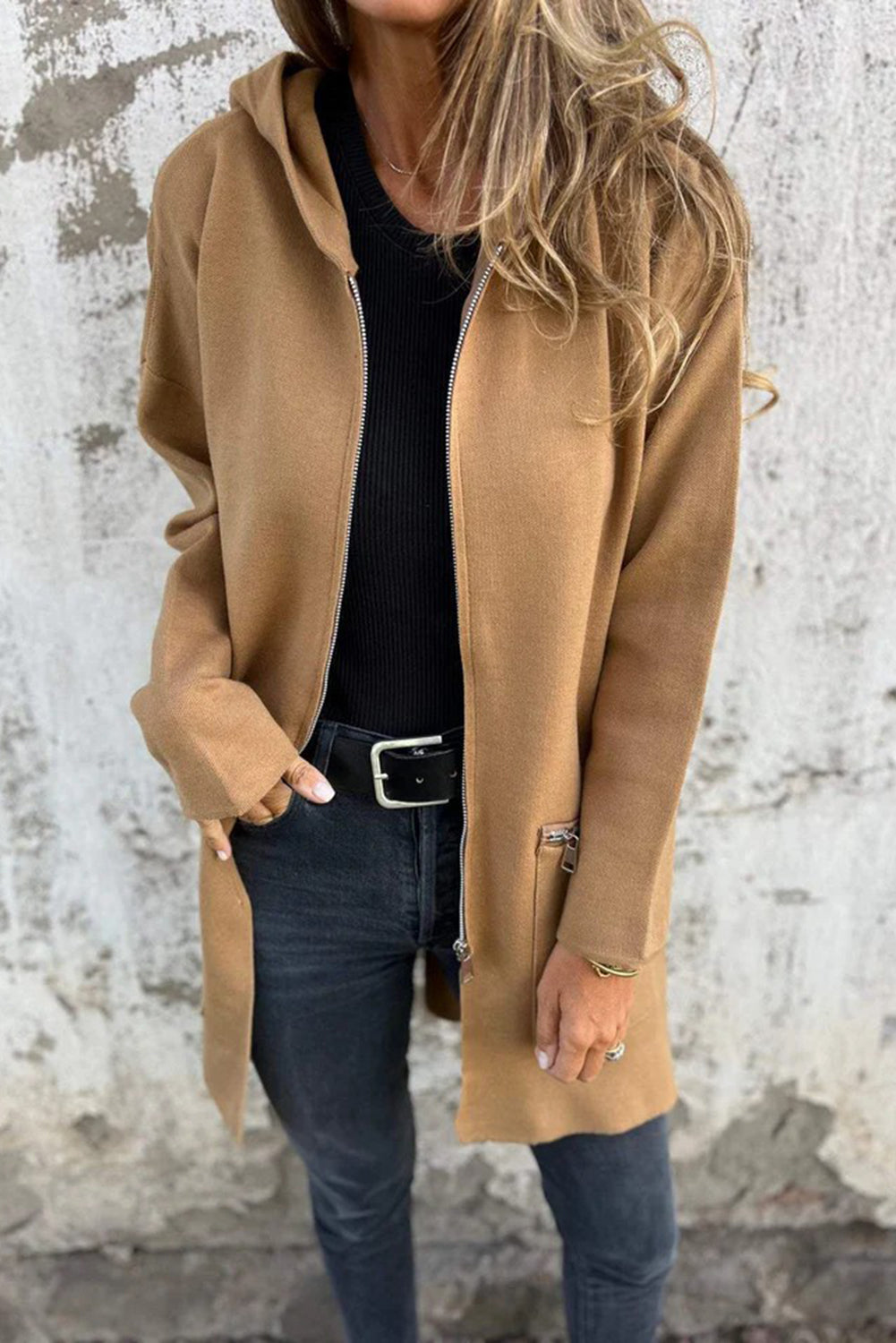 Solid Everyday Zip-Front Hooded Coat in Light French Beige