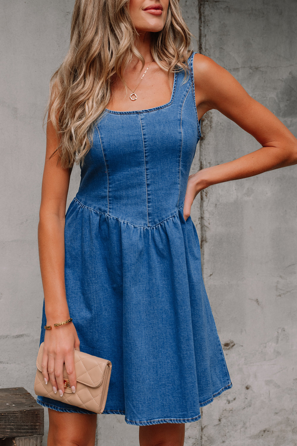 Neck Bowknot Square Bowknot A-line Sleeveless Denim Dress