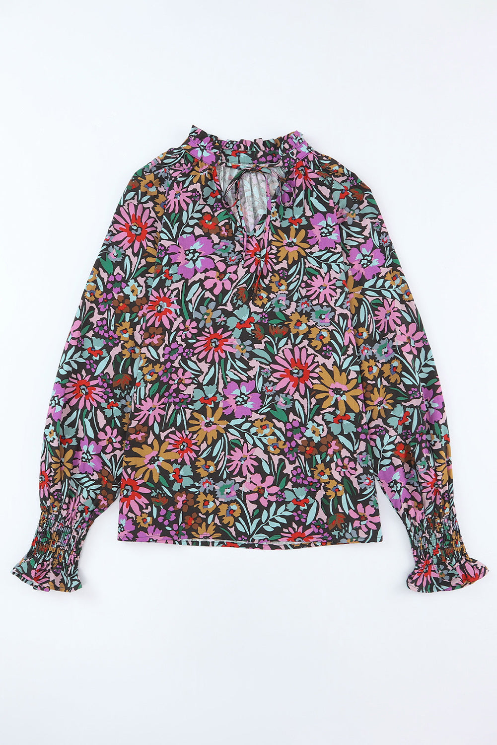 Blouse for Women Floral-Print Print Ruffle-Trimmed Long-Sleeve V Neck