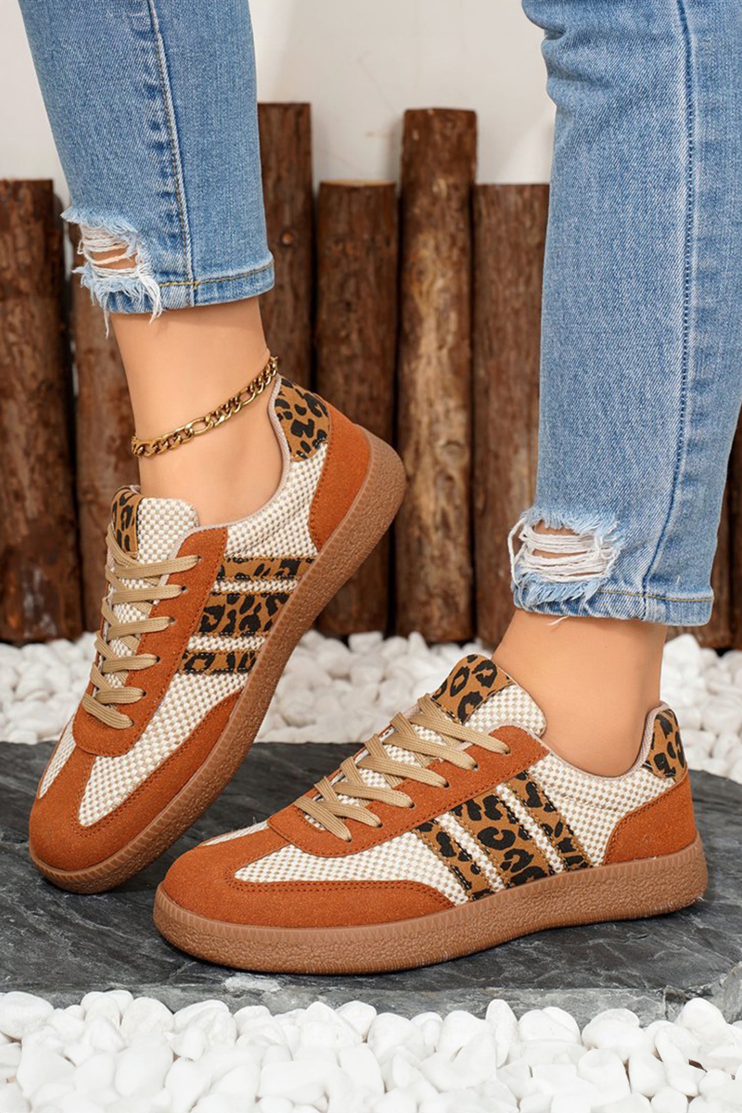 Checkered Leopard Colorblock Patchwork Lace Up Sneakers