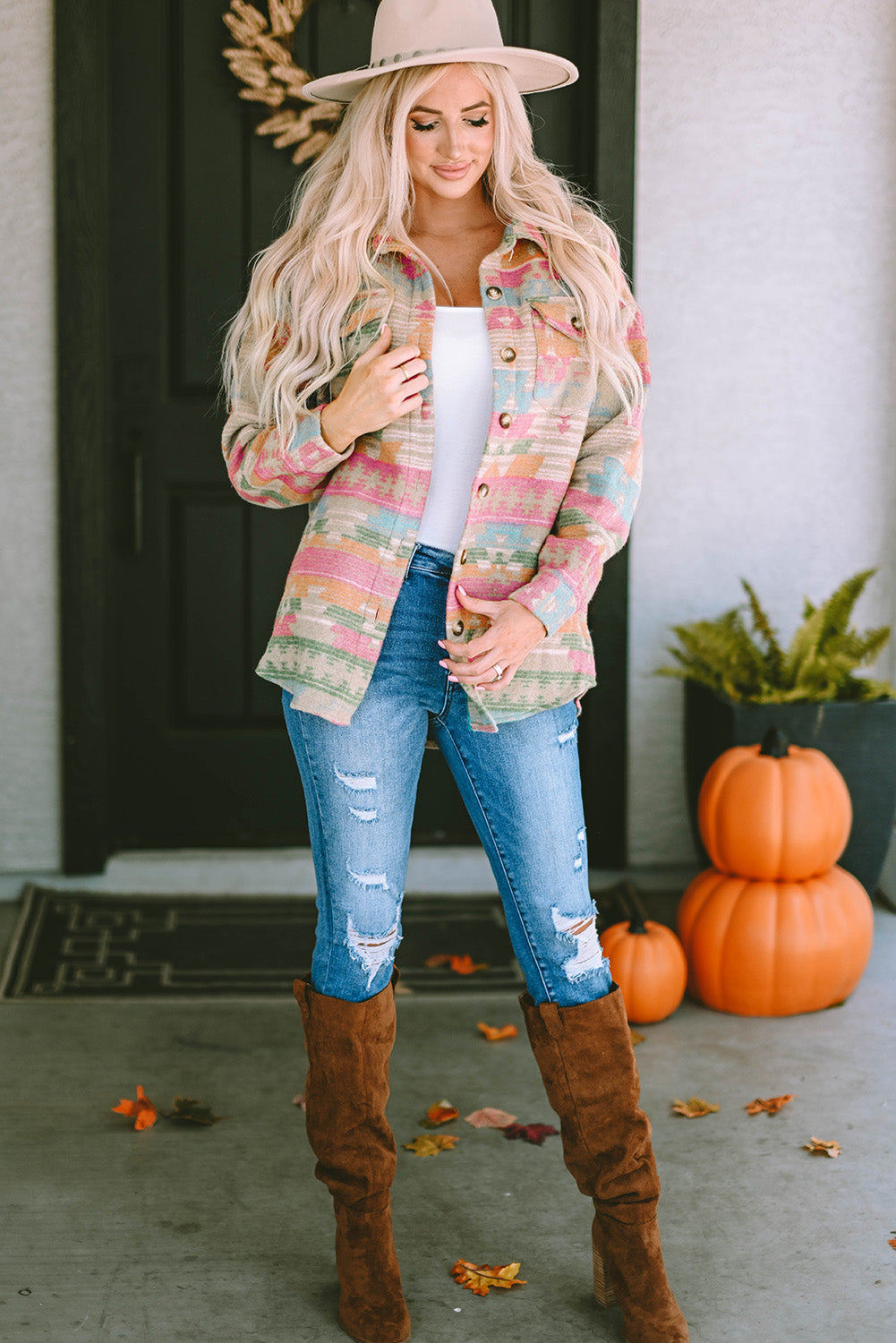Women's Shacket Featuring Pink Western Aztec-Pattern Button Flap Pocket