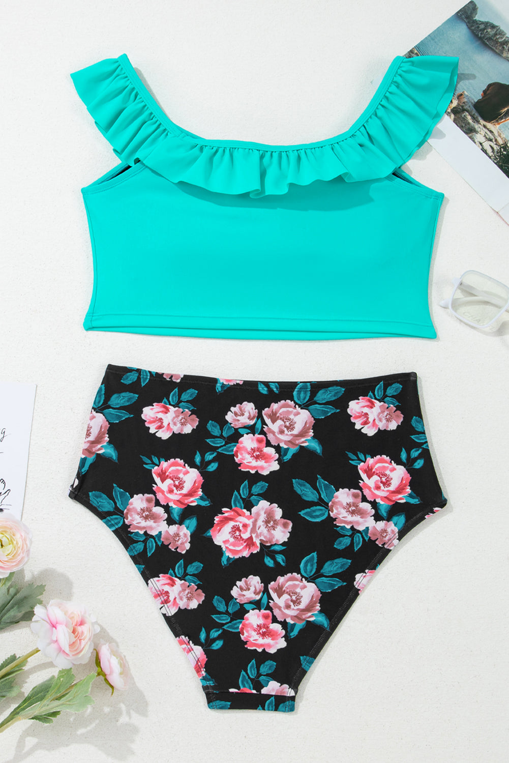 Solid Sea Green Ruffled Square Neck Swim Top and Floral Shorts Bikini Set