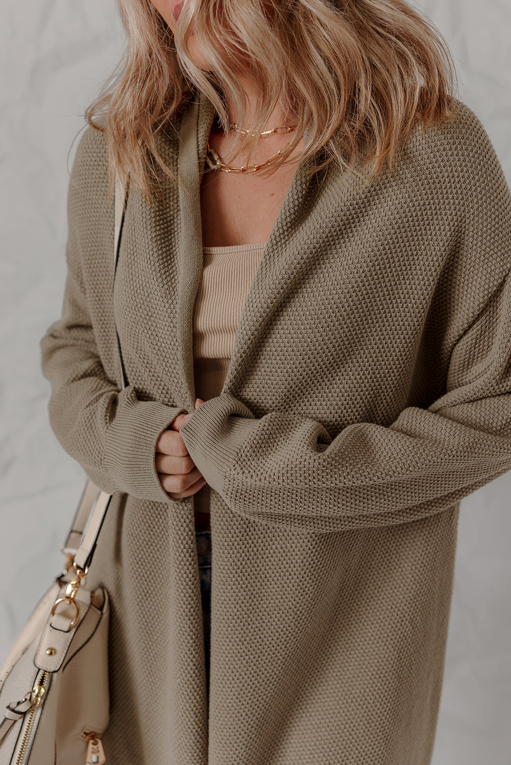 Textured Knit Solid Knit Open-Front Oversize Midi Cardigan Knit Top