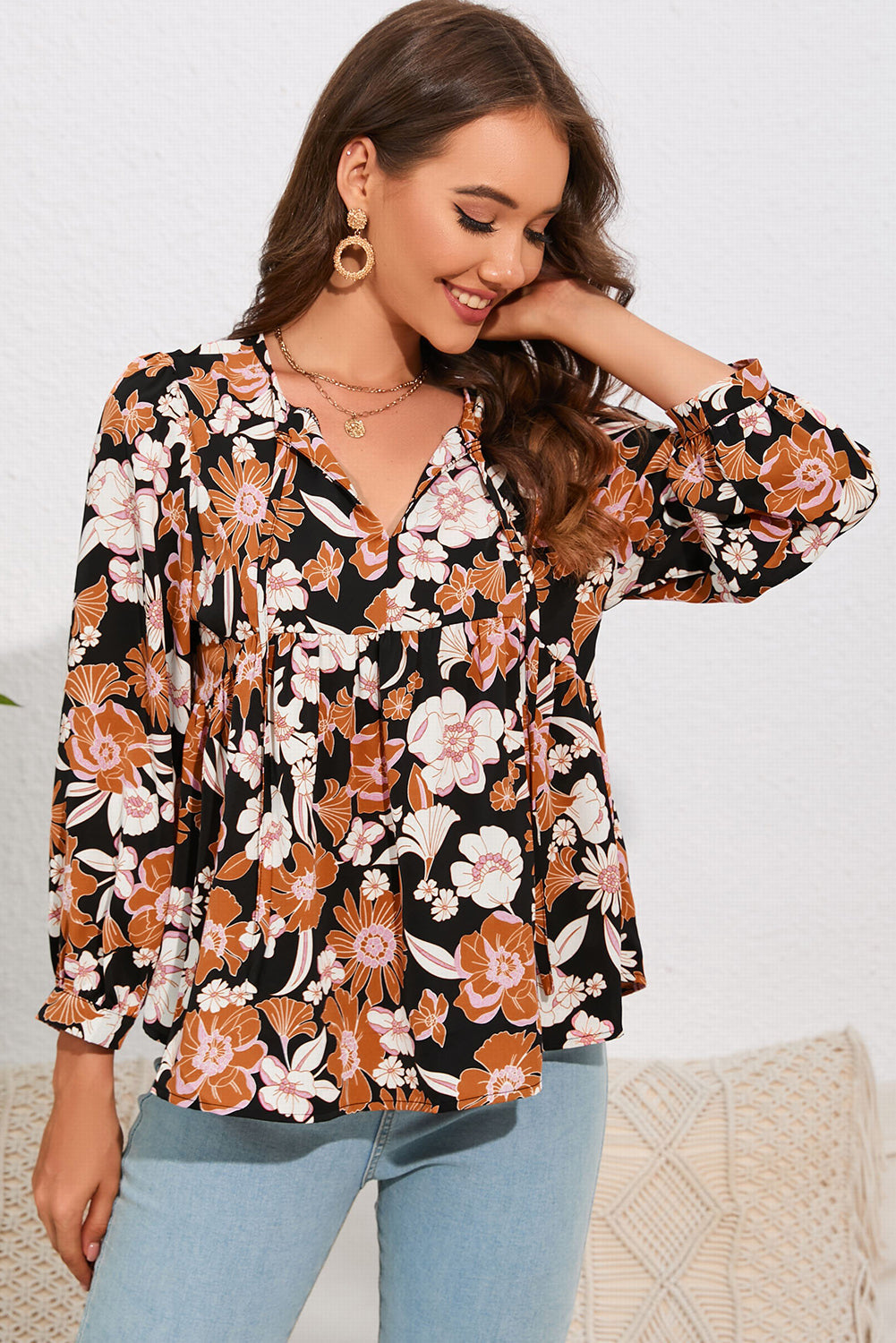 Women's Blouse Featuring Floral-Print Babydoll