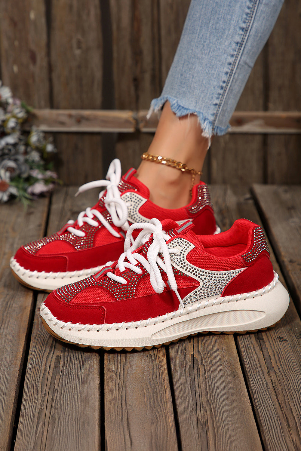 Embellished Colorblock Rhinestone Colorblock Patchwork Lace-up Breathable Sneakers Style