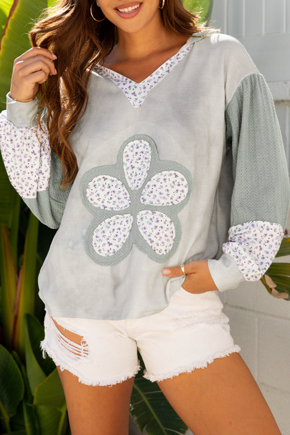 Floral Patched Waffle Textured Colorblock V-Neck Everyday Hooded Top