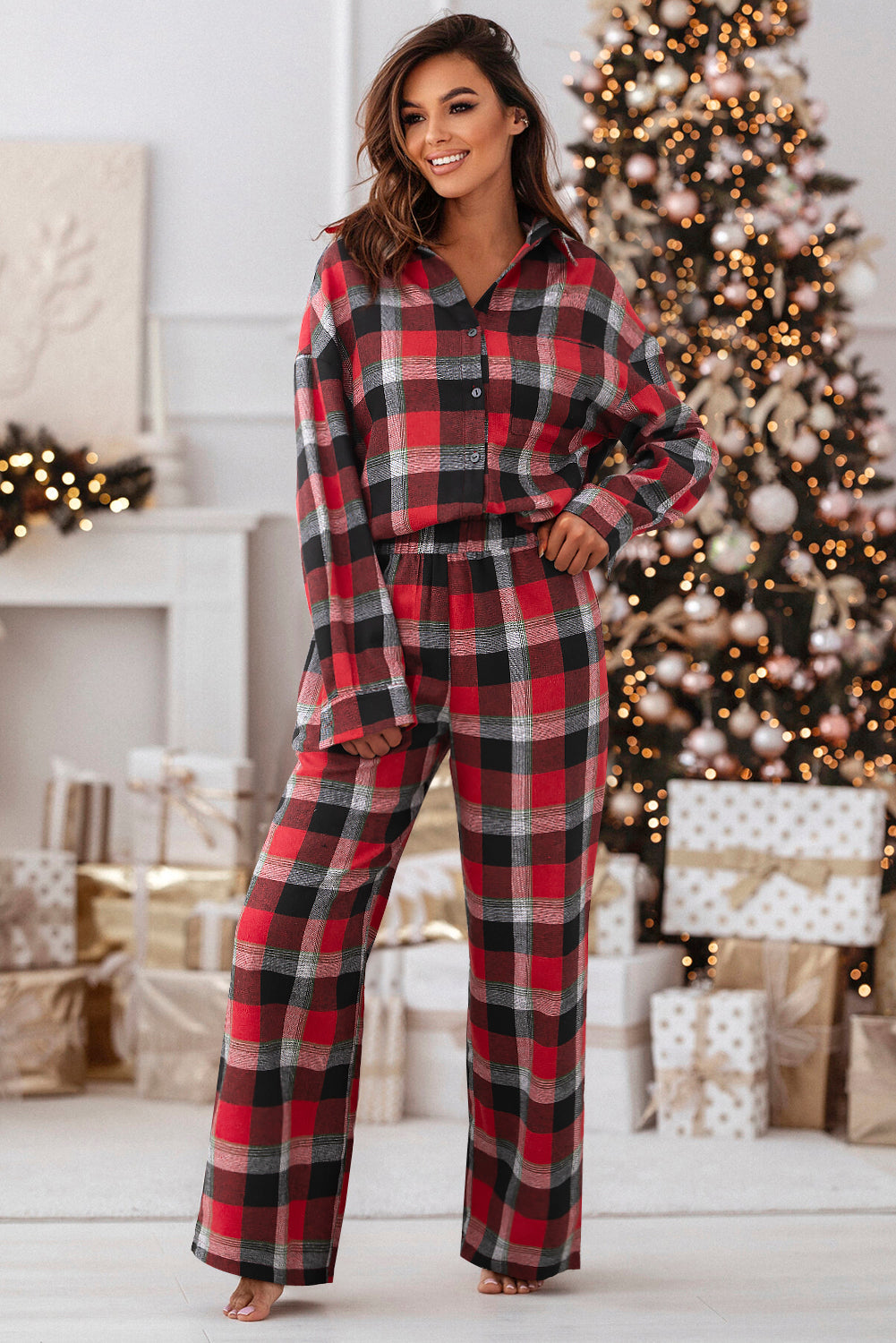 Checkered Pattern Christmas Pattern Loose Shirt and Pants Lounge Set