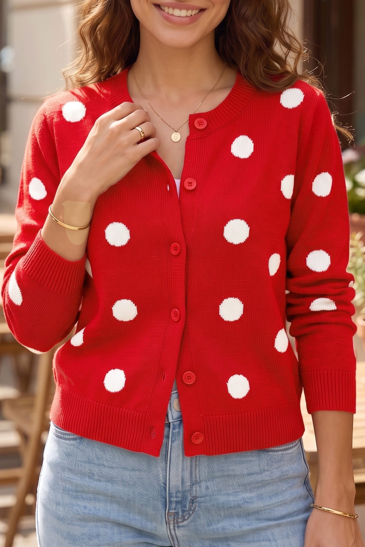 Everyday Polka-Dot Button Front Long-Sleeved Cardigan Knit Top in Fiery Red