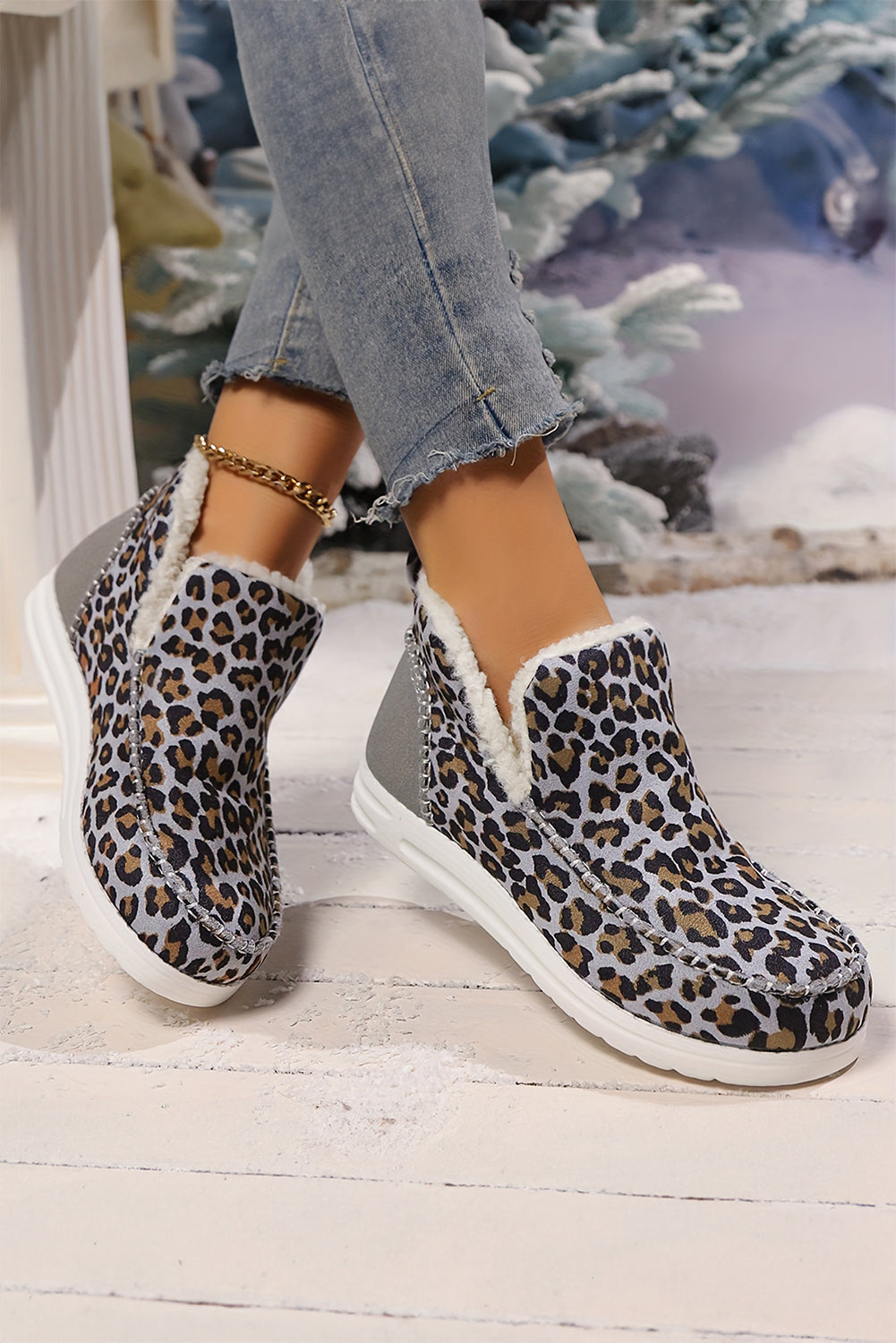 Patched Leopard-Print Ankle Flat Winter Fur Boots