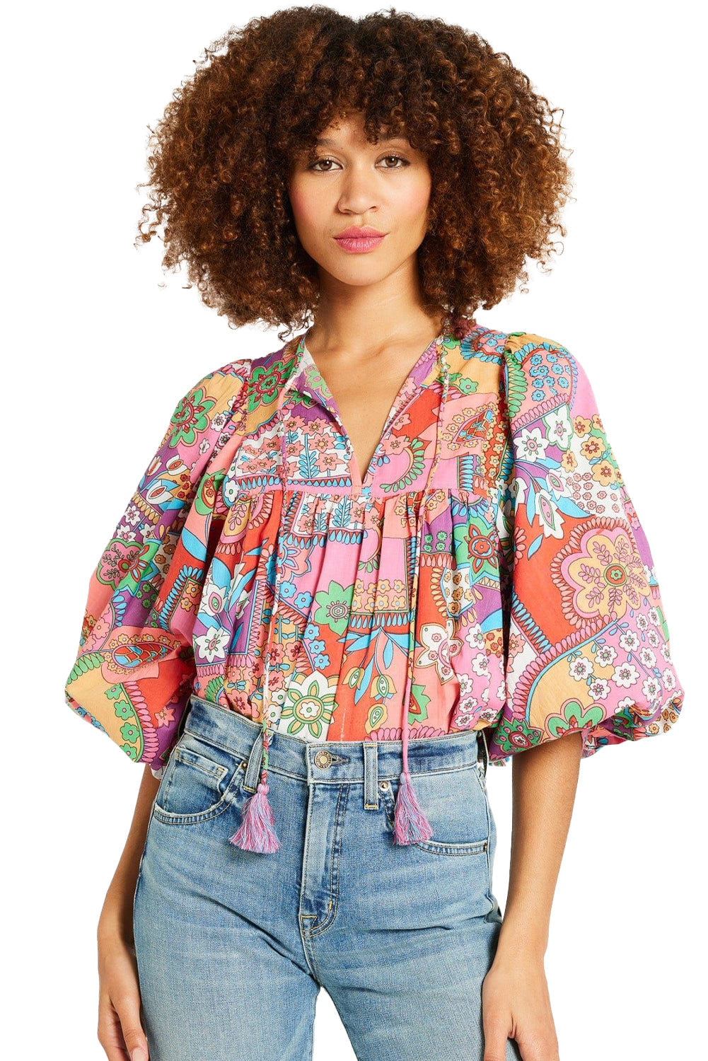 Floral Bubble Boho Bubble Sleeve Tassel Tied Neck Pleated Blouse