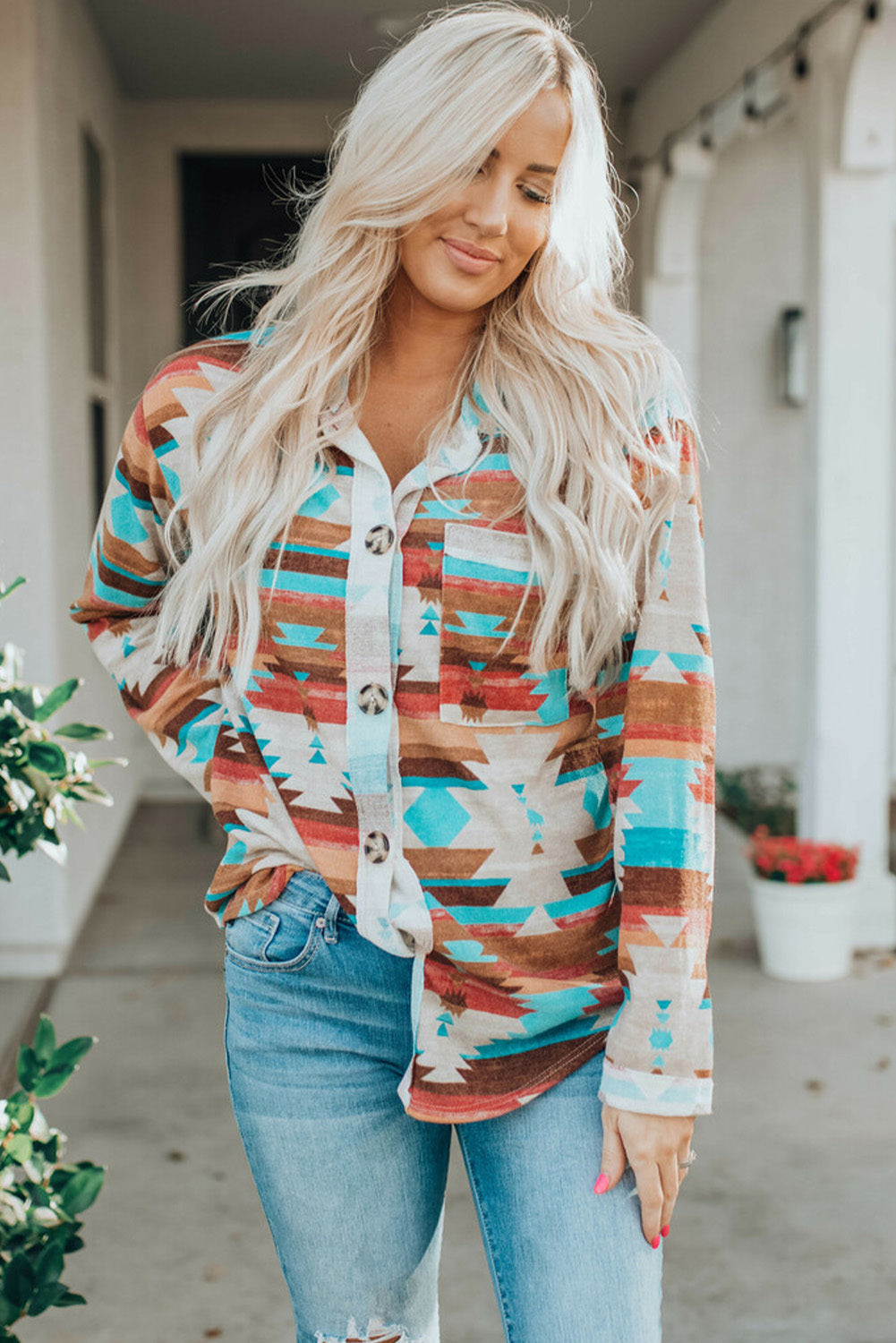 Shacket for Women Aztec Button-Front Pocket Chest Shirt