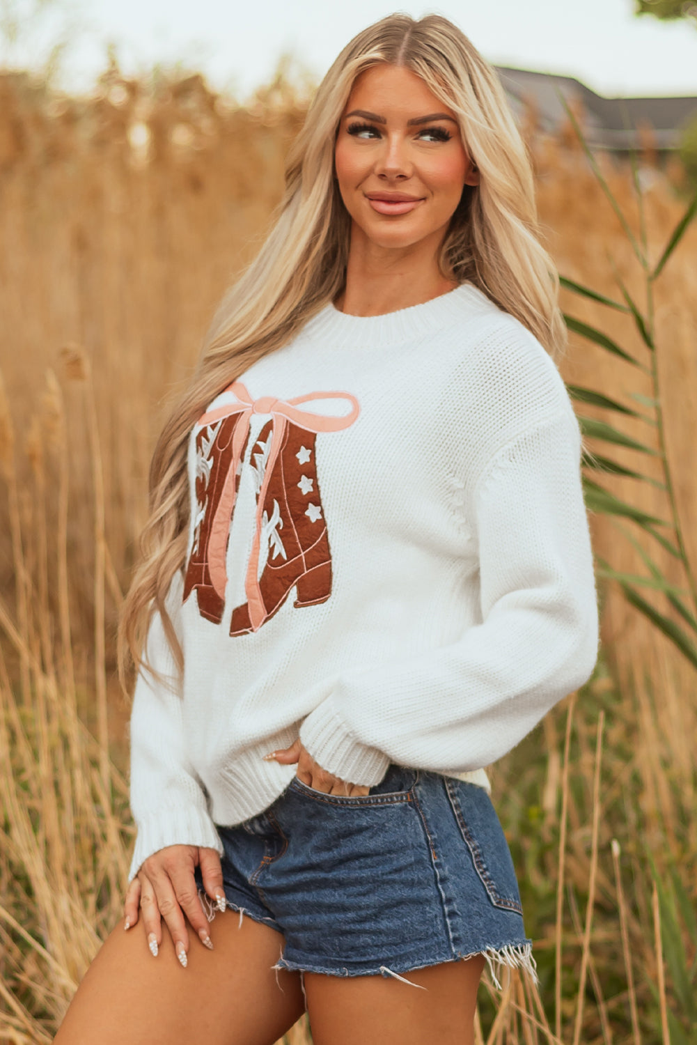 Embroidered Graphic Bow Boots Drop-Shoulder Knit Top