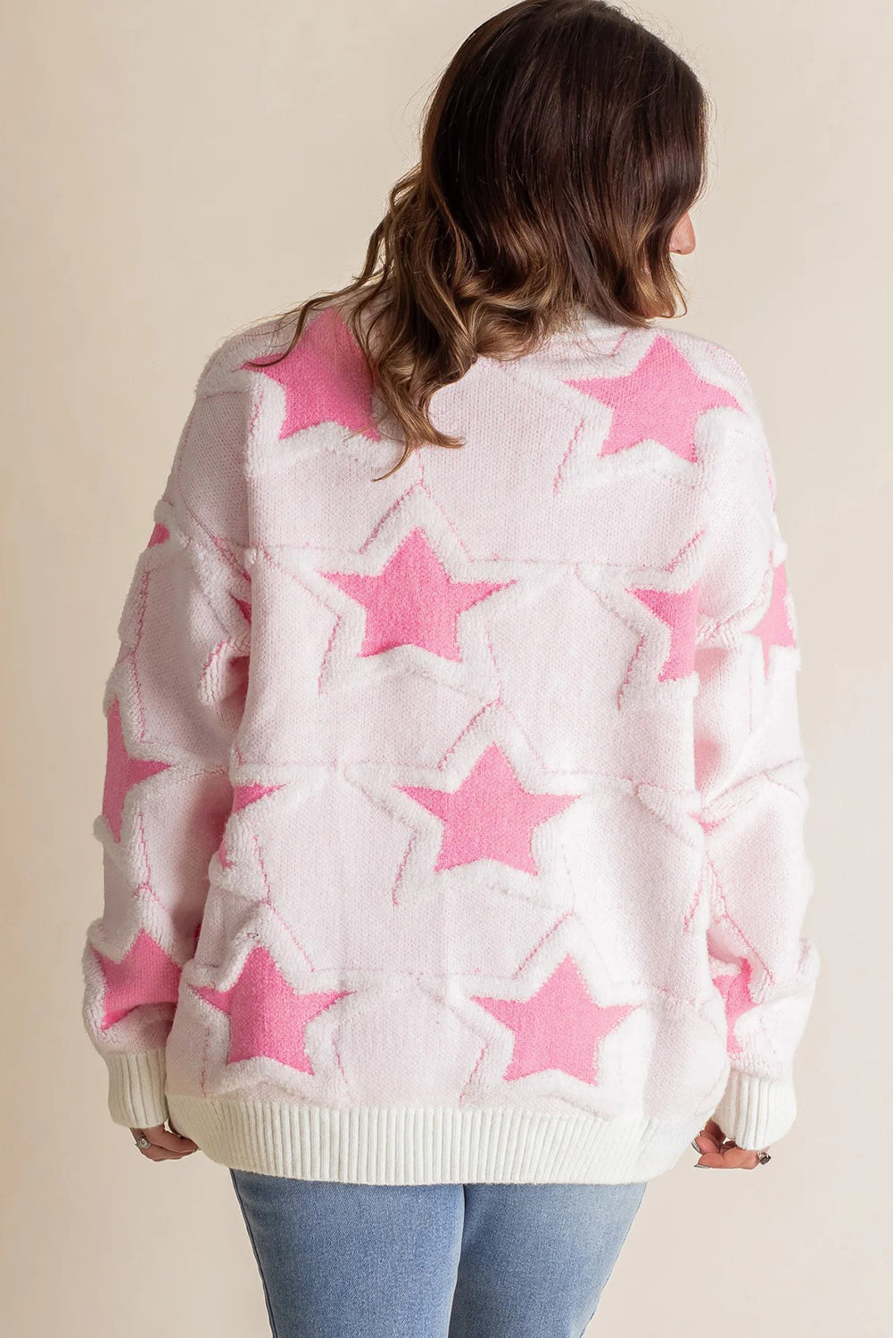 Roomy Cute Star Pattern Rib-Knit Edge Drop-Shoulder Knit Top
