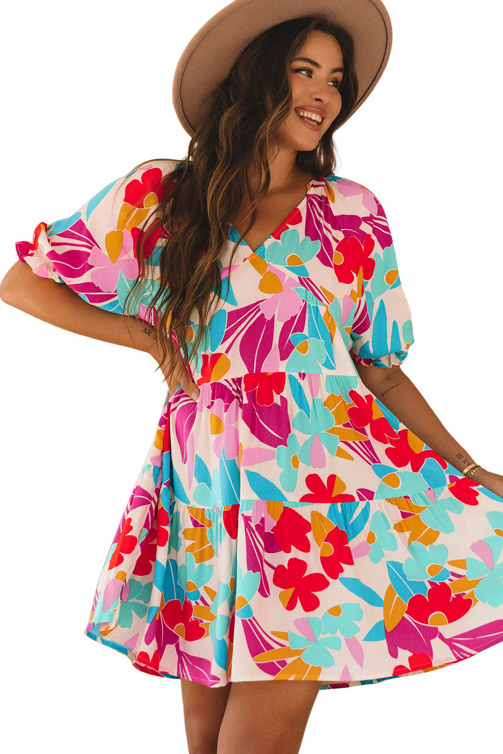 Rose Red Floral V Neck Tiered Ruffle Babydoll Dress
