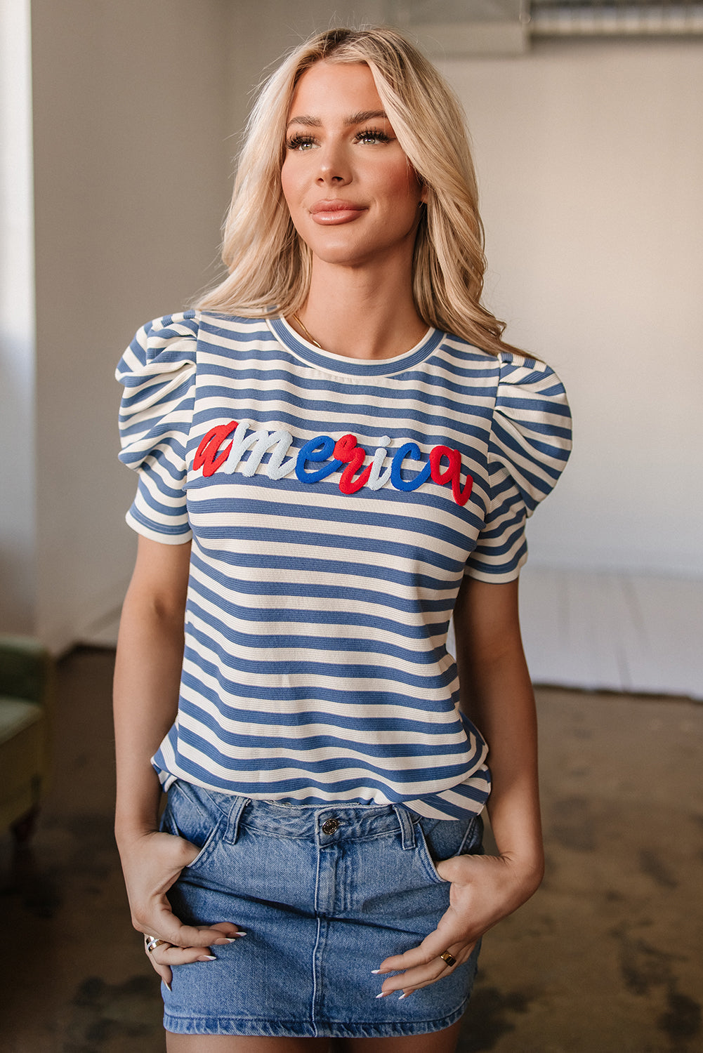 Blue Stripe America Cursive Graphic T-shirt