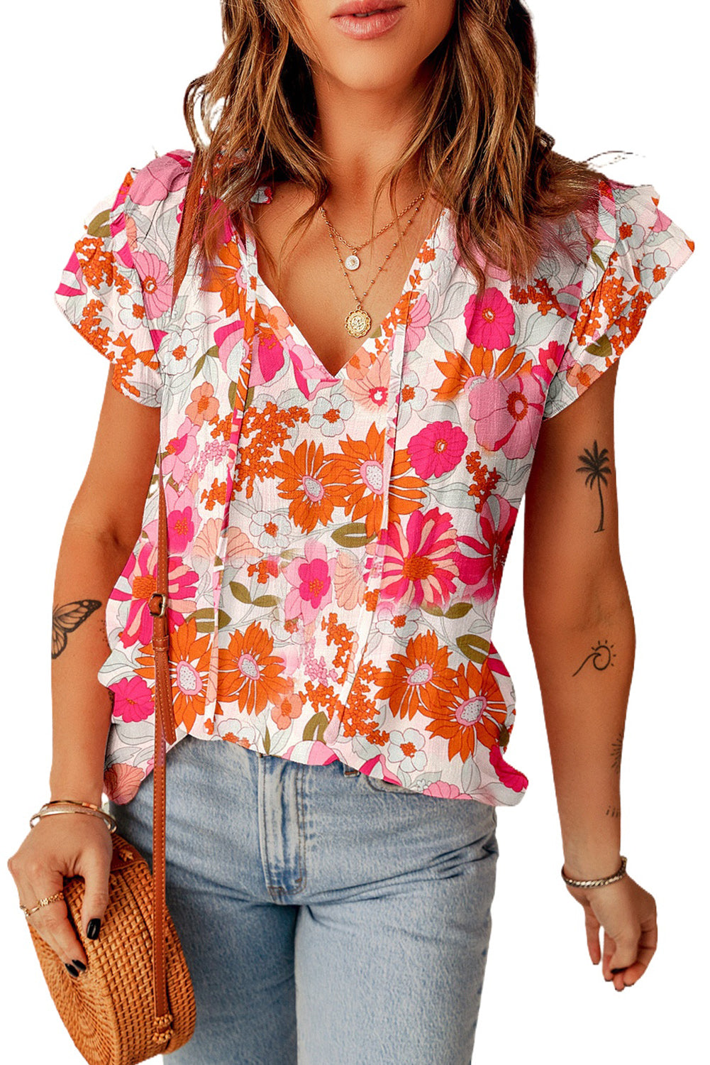 Blouse for Women Split Ruffle-Trimmed Sleeve Floral-Print