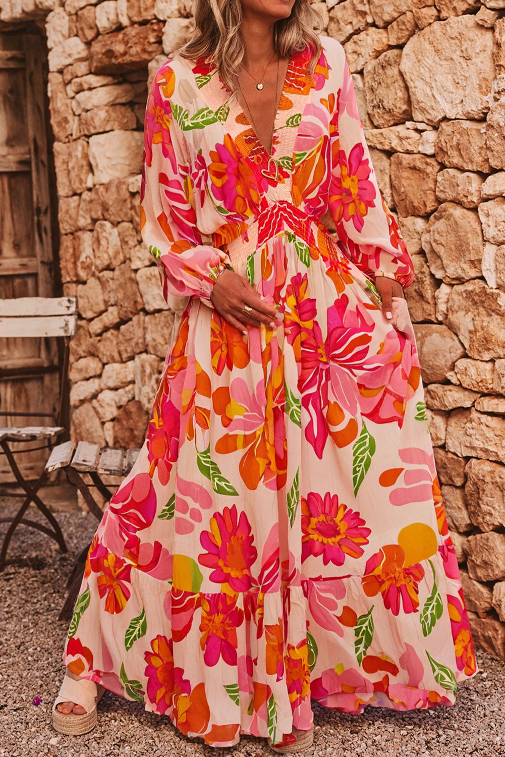 Floral-Print Smocked Detail V-Neck Puff Sleeve Flowy Maxi Dress