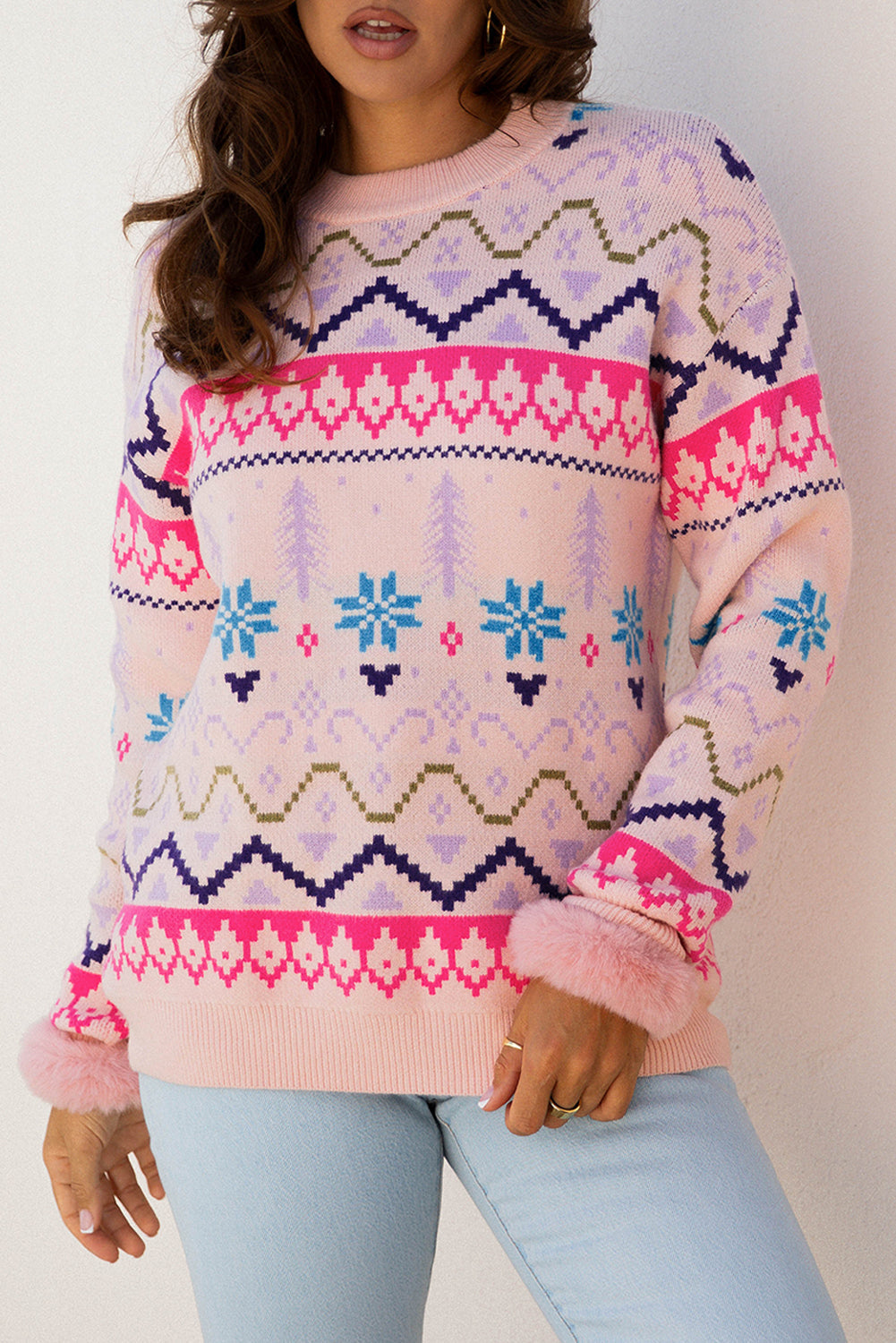Ethnic Christmas Pattern Knit Feather Cuffed Knit Top