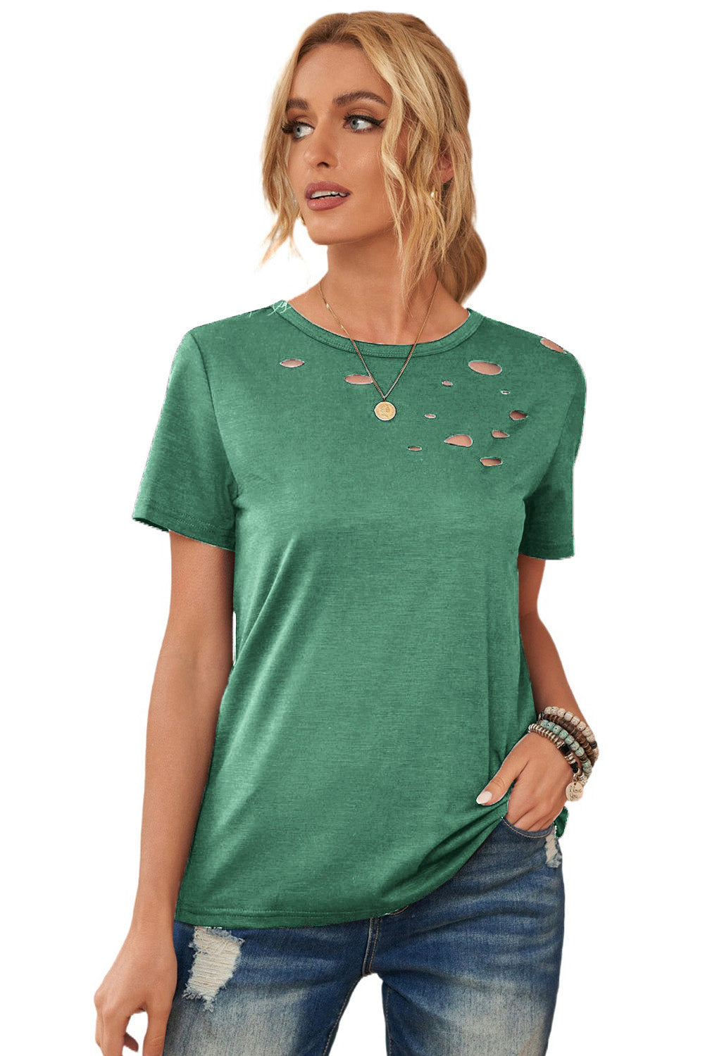 T-shirt mixte en coton à col rond Green Holes