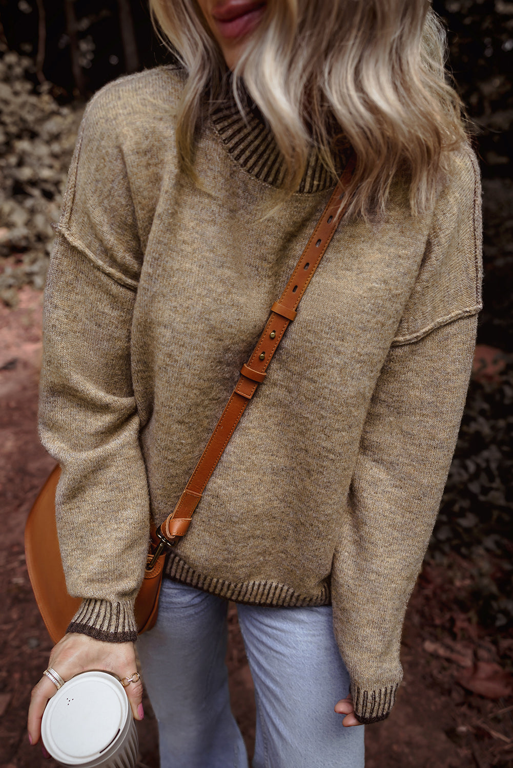 Contrast Trim Mock Neck Drop Shoulder Sweater