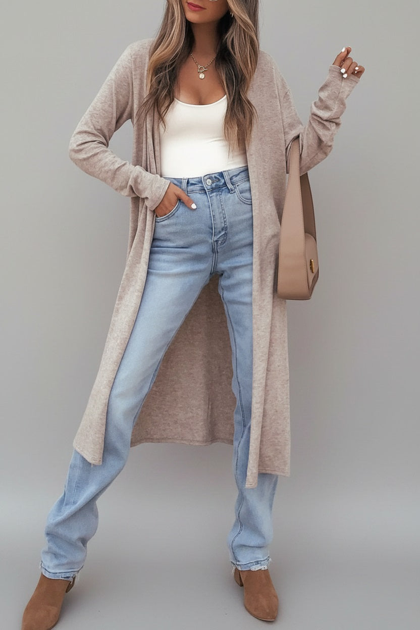 Solid Tunic Long-Sleeved Everyday Shift Cardigan in Parchment