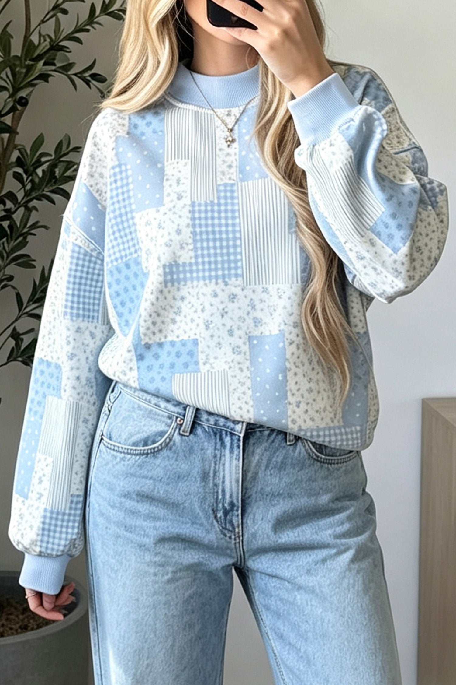 Patchwork Long-Sleeved Floral-Print Mock-Neck Sweatshirt in Sky Blue