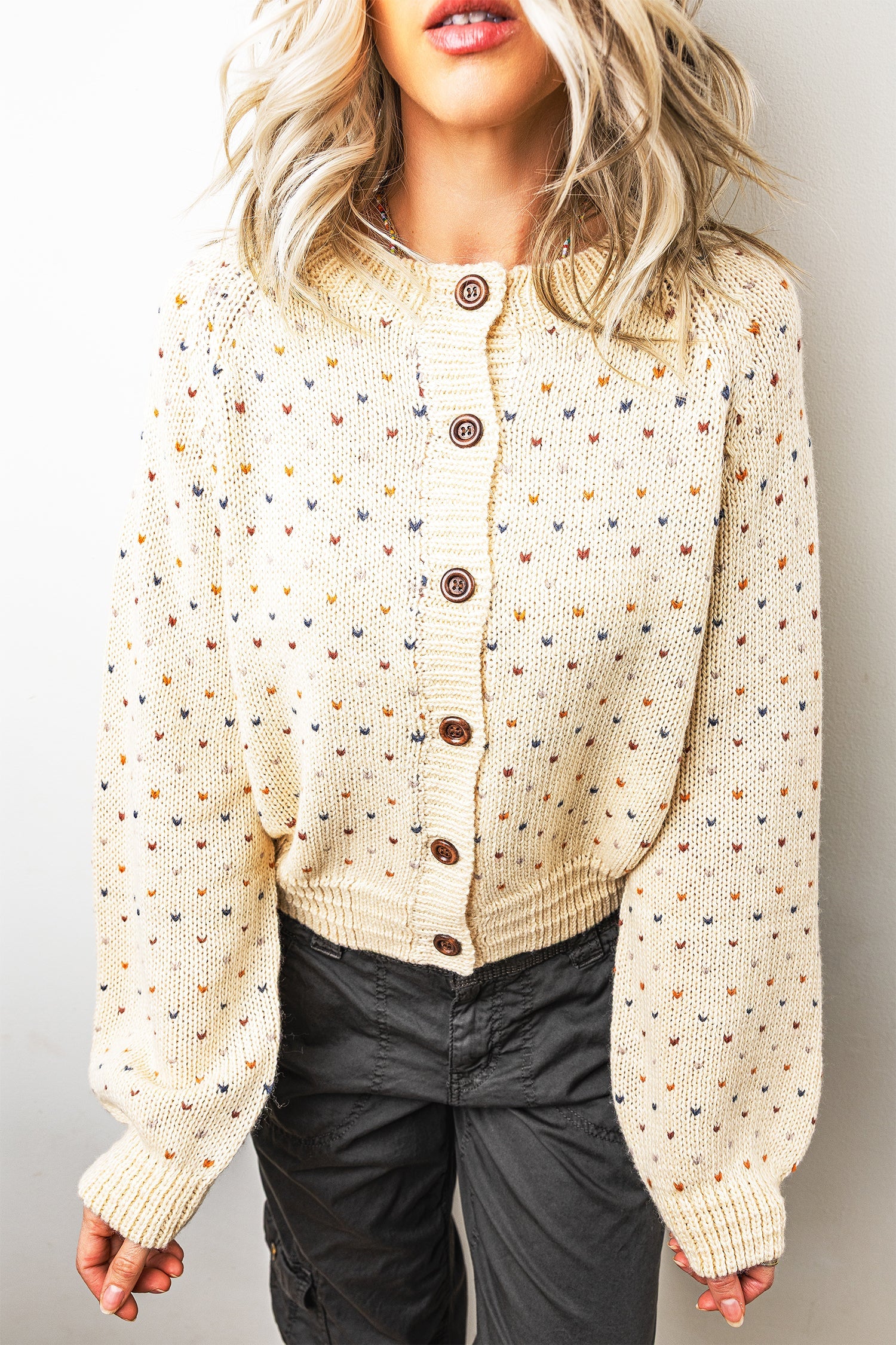 Print Button Geometric Button Front Timeless Fit Cardigan in Beige