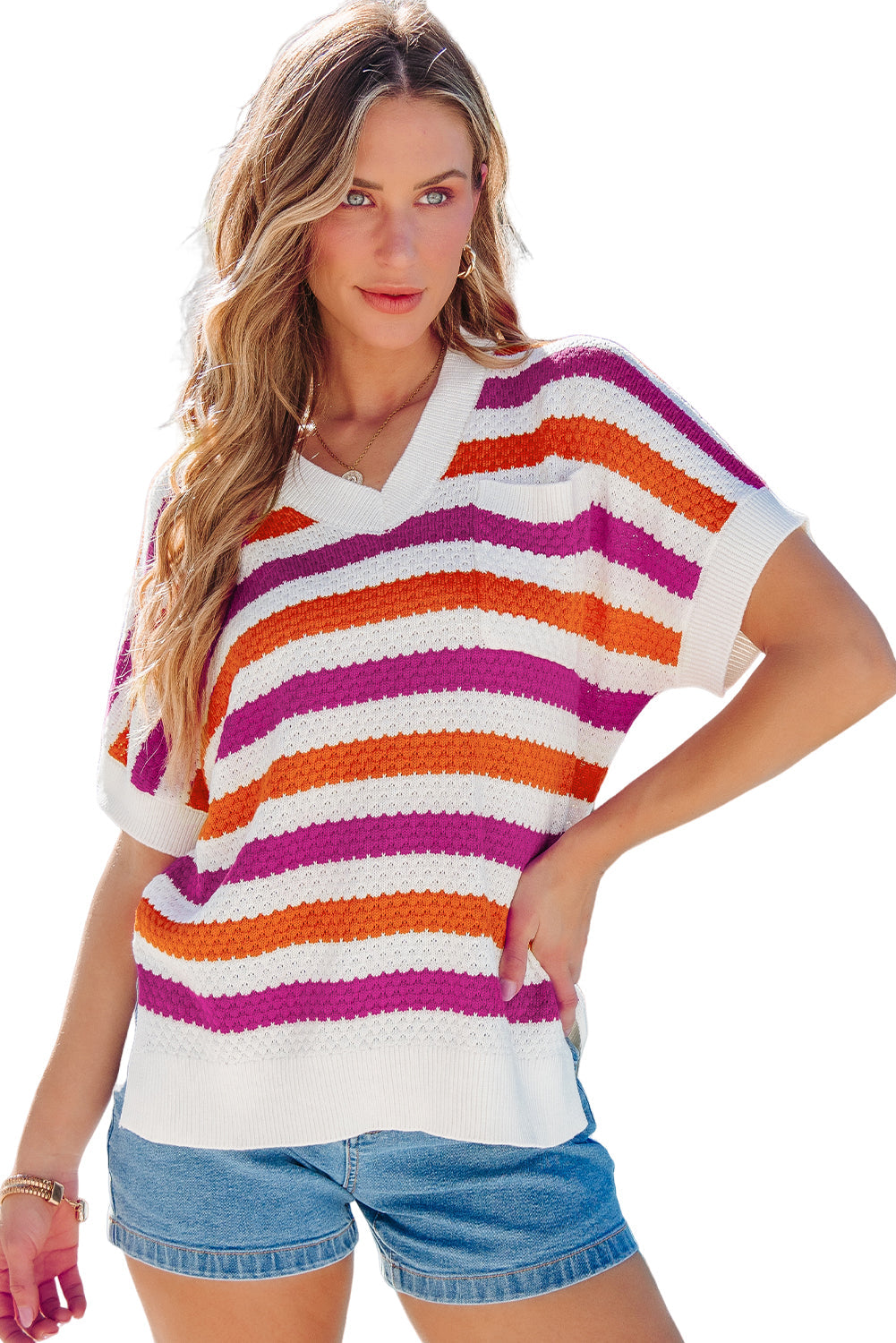 Stripe V-Neck Rose V-Neck Short-Sleeved Knit Top with Side Slits