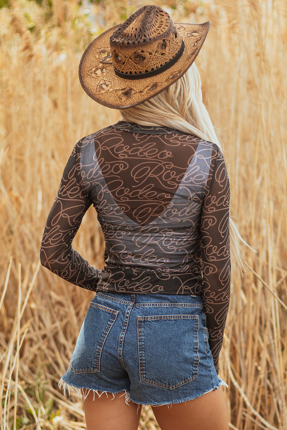 Western Rodeo Printed Mock-Neck Long-Sleeved Mesh Top