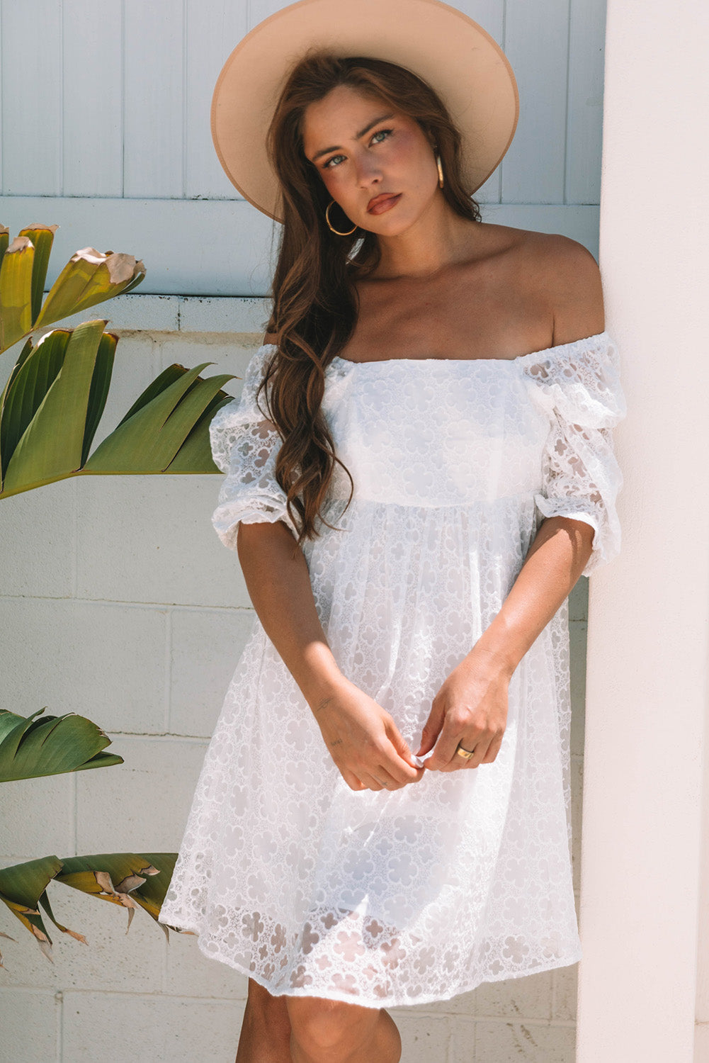 Floral Lace Puff Sleeve Mini Dress in White