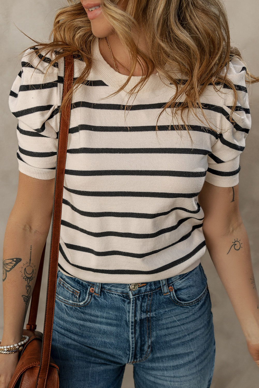 Trim Stripe Rib-Knit Knit Top in Black