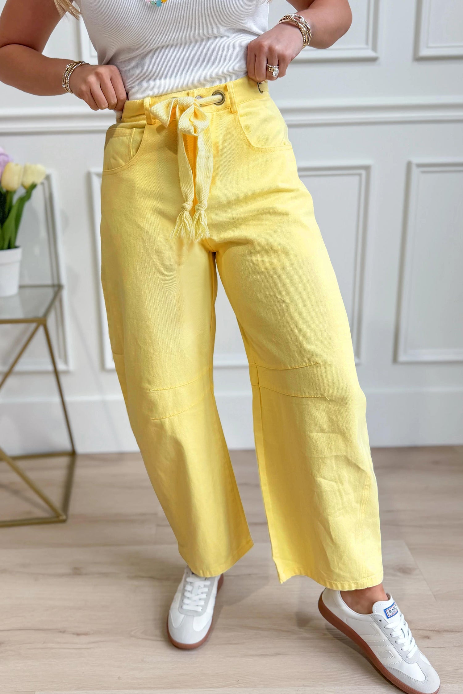 Solid Knot Grommet Detail Waist Barrel Jeans in Yellow