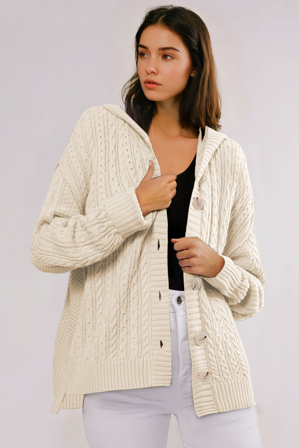 Cable Uneven Knit Texture Hem Hooded Polished Cardigan