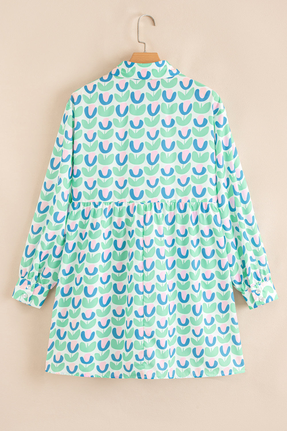 Floral-Print Scalloped Notched Neck Detail Long-Sleeved Mini Dress
