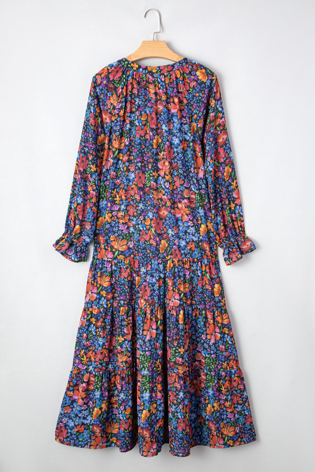 Floral-Print V-Neck Tassel Tie Long-Sleeved Flowy Long Dress