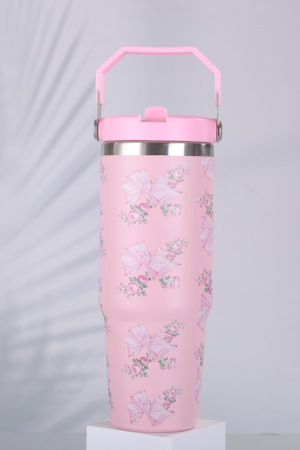 30OZ Bow Floral-Print Flip Handle Straw Tumbler