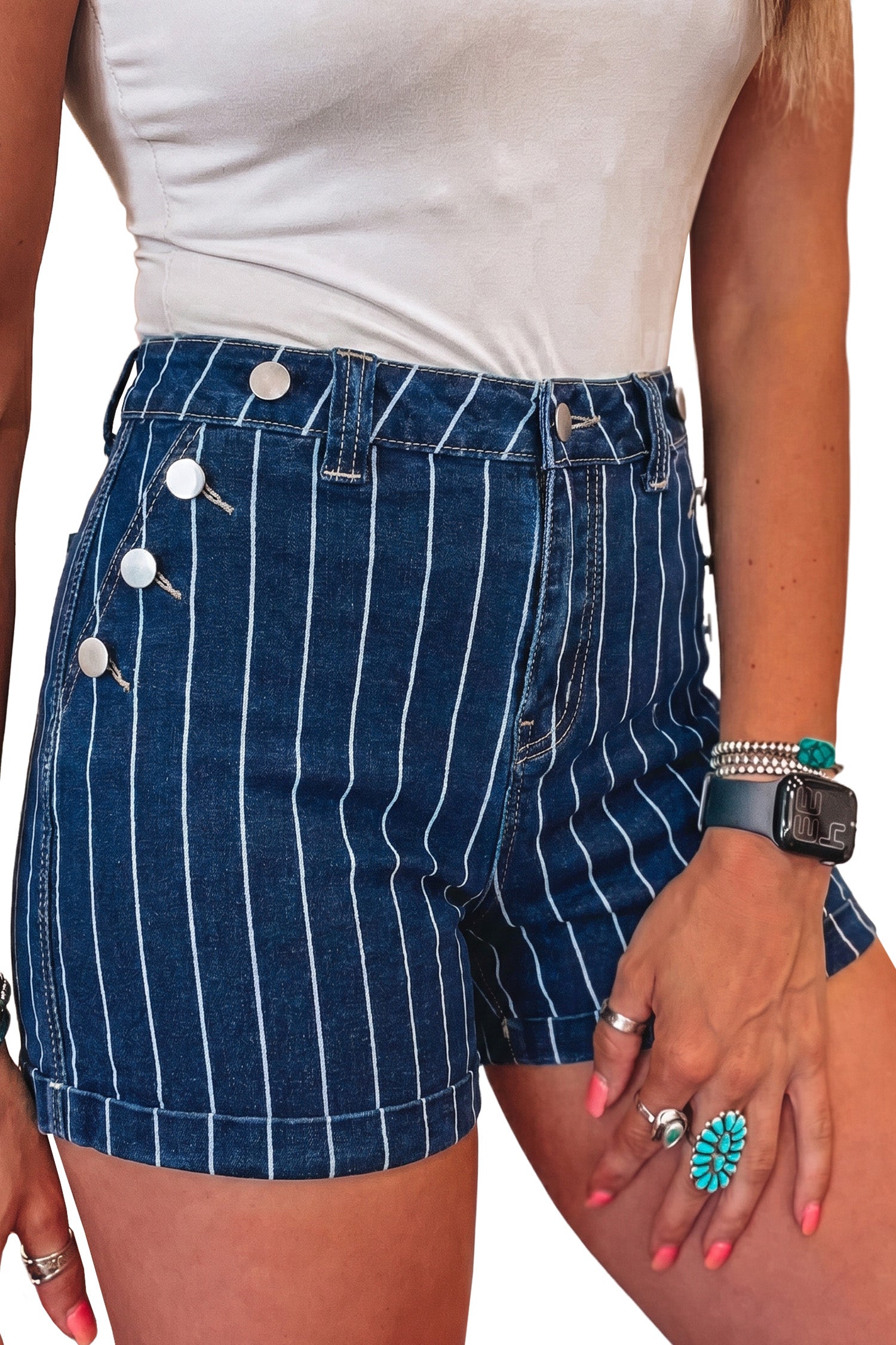 Stripe Metal Button Detail Womens Denim Shorts in Blue