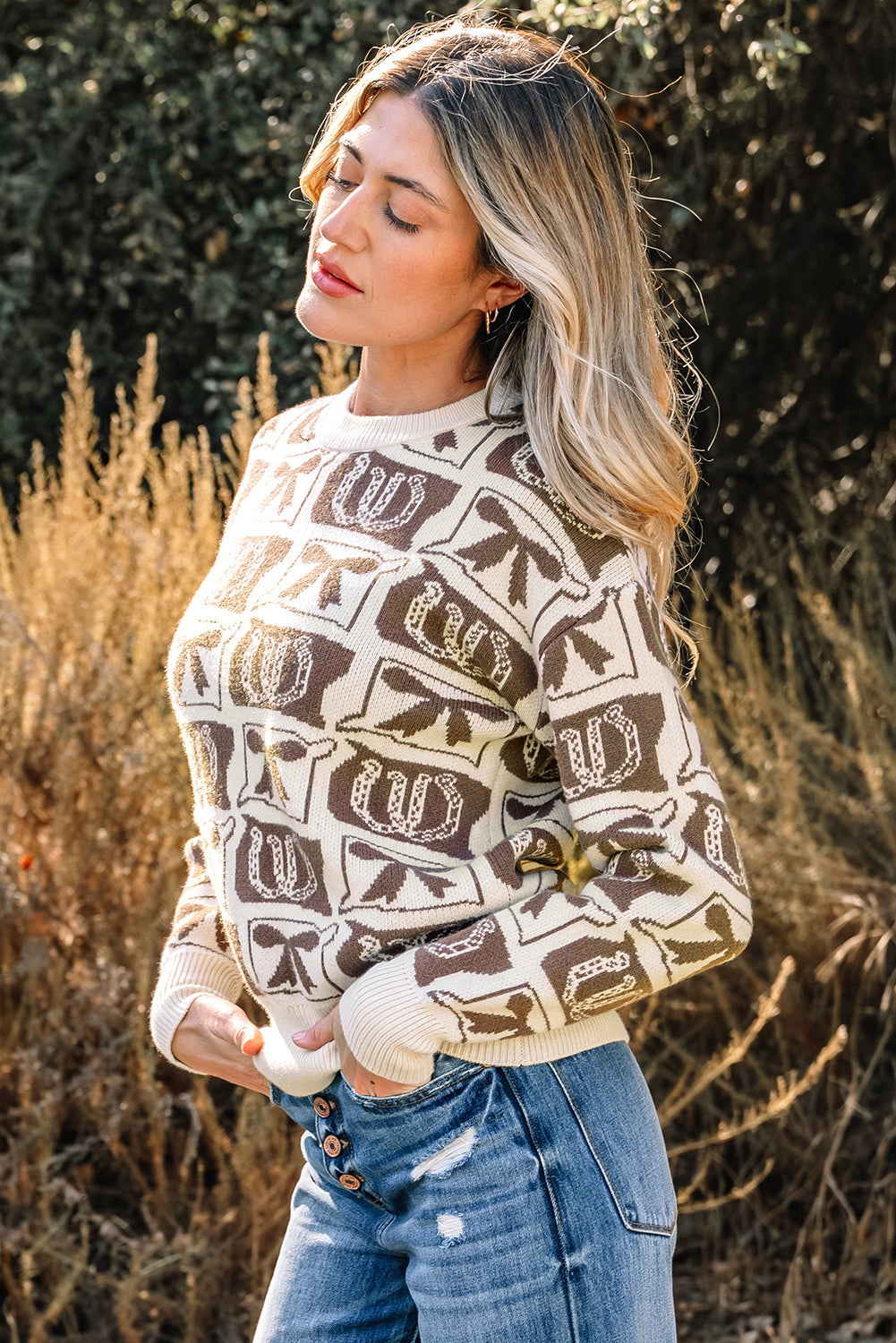 Horseshoes Bows & Pattern Western Fashion Print Knit Top