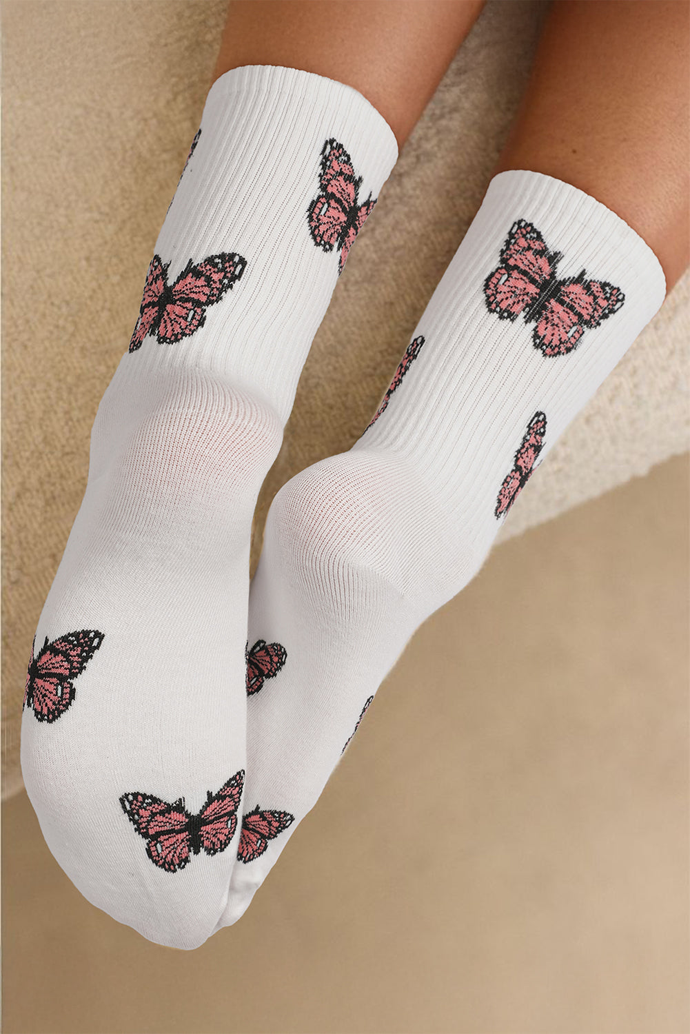 Pattern Rib-Knit Butterfly Rib-Knit Edge Soft Crew Socks