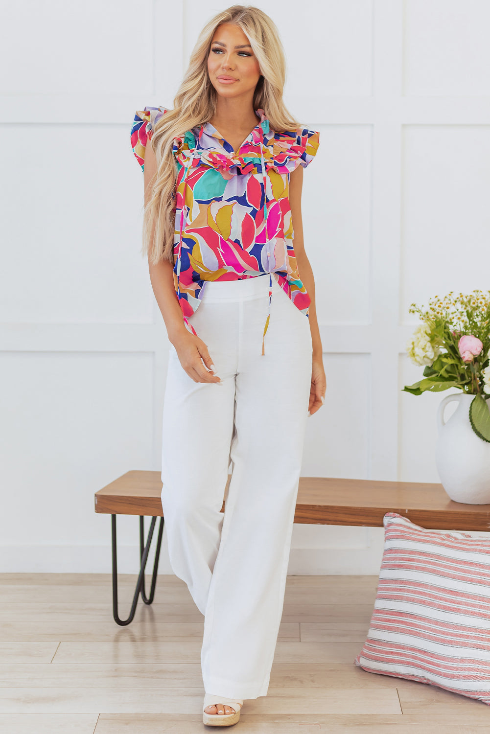 Abstract Printed Ruffled Flutter Sleeve Blouse