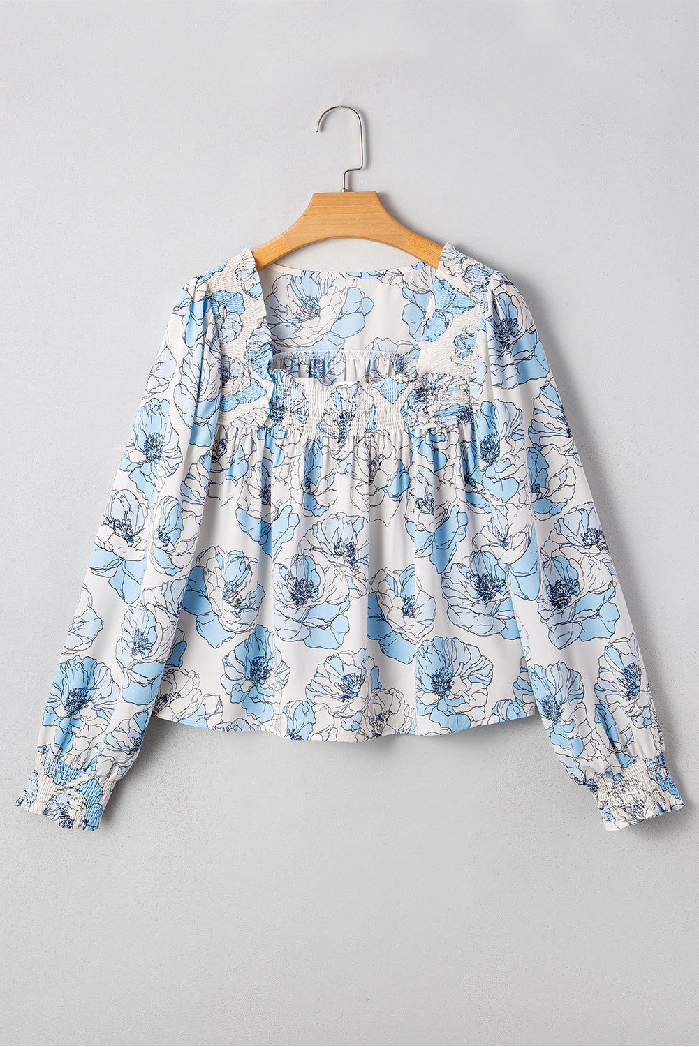 Floral-Print Frilly Smocked Square Neck Long-Sleeved Blouse