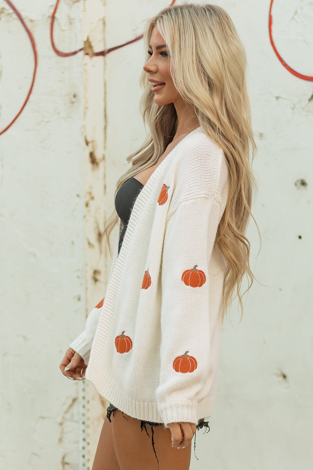 Print Open-Front Pumpkin Open-Front Drop-Shoulder Midi Cardigan