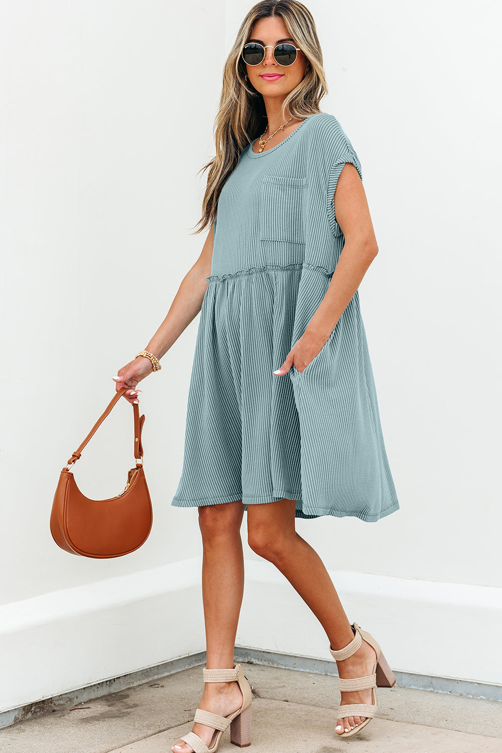Knit Textured Corded Textured Patched Pocket Frilled Swing Mini Dress Featuring Pockets