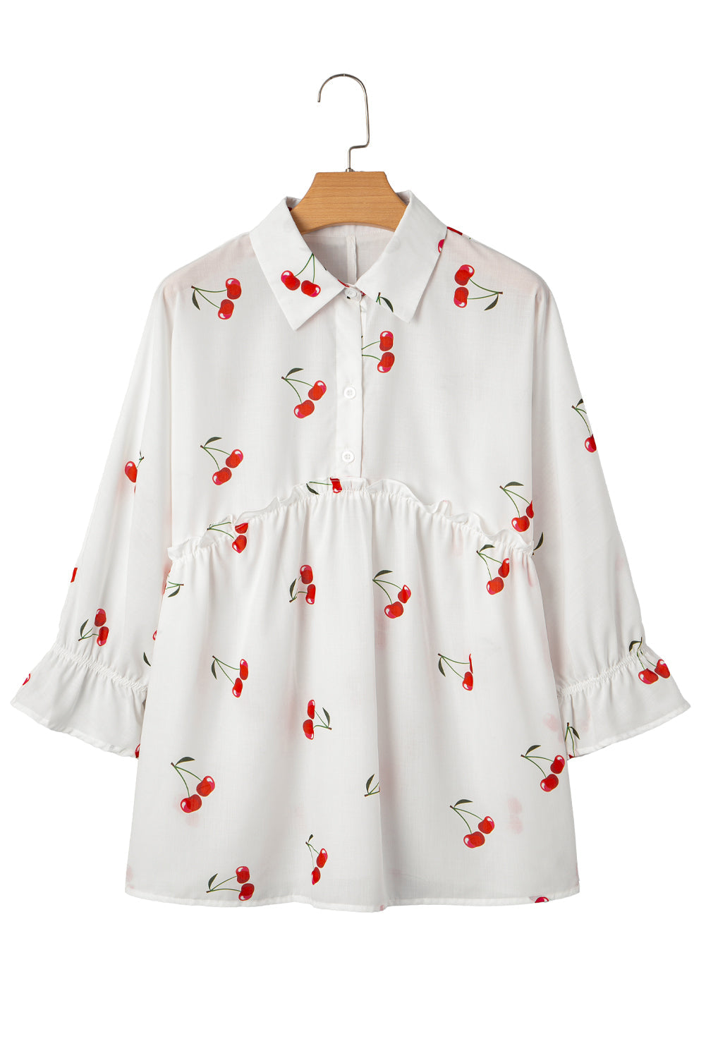 Print Flounce Cherry Flounce Sleeve Collared Frilled Babydoll Blouse