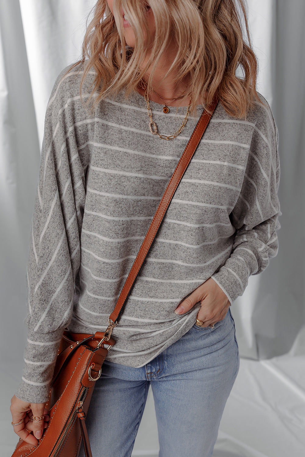 Dolman Sleeve Stripe Sleeve Cotton Top in Gray