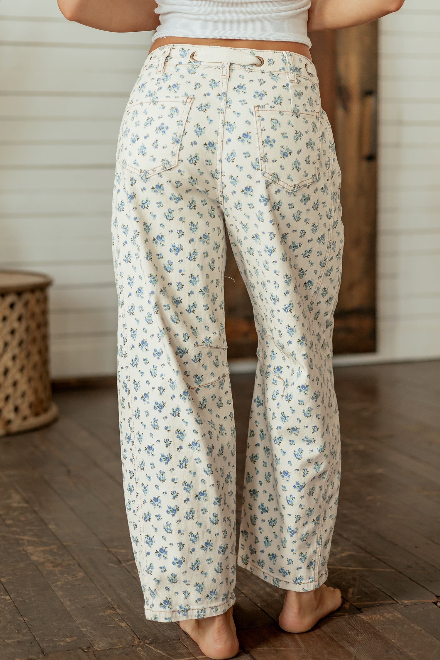 Grommet Knot Waist Floral Barrel Leg Jeans in Beige