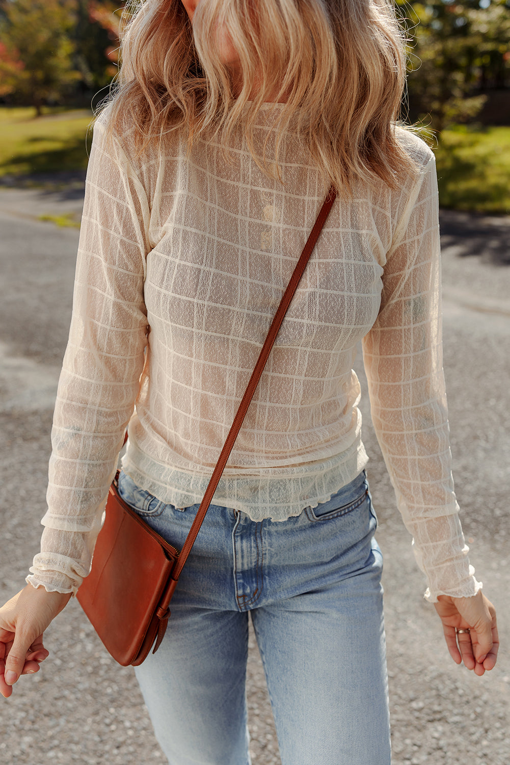 Sheer Lettuce Plaid Mesh Trim Slim Fit Long-Sleeved Top