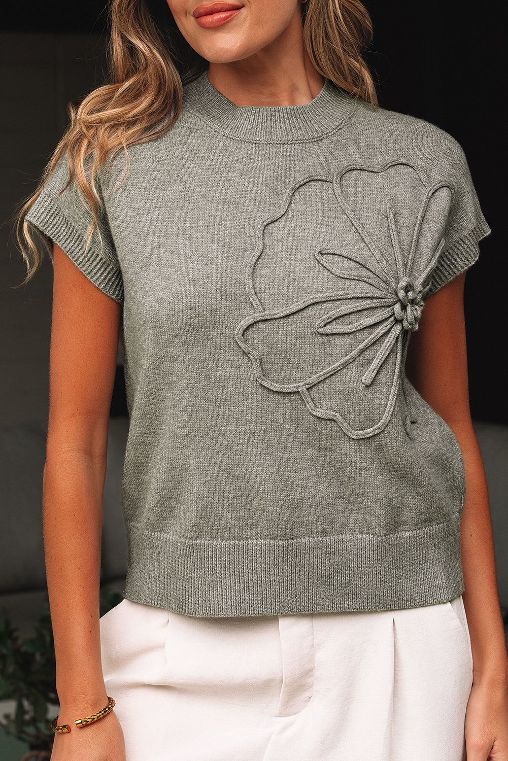 Pattern High Flower Rib-Knit Trim Short-Sleeved Boxy Knit Top