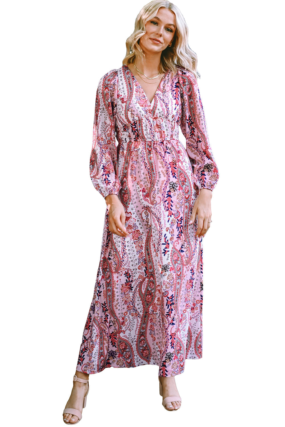 Robe longue bohème multicolore à imprimé cachemire, col en V, taille empire