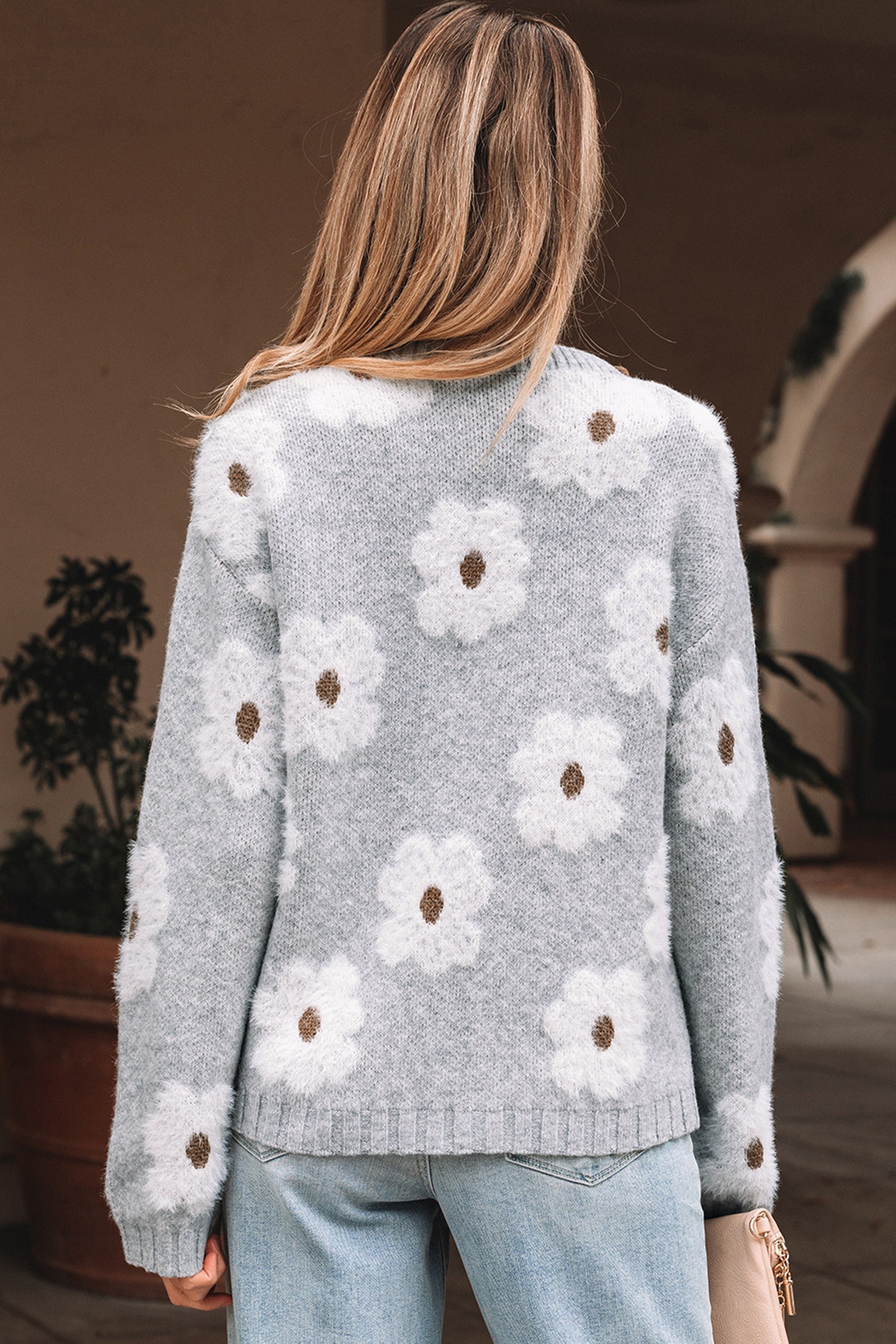 Print Cute Flower V-Neck Drop-Shoulder Baggy Knit Top